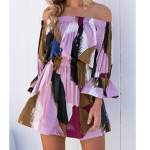 Women’s L’atiste by Amy multi color off shoulder bell sleeved dress Small